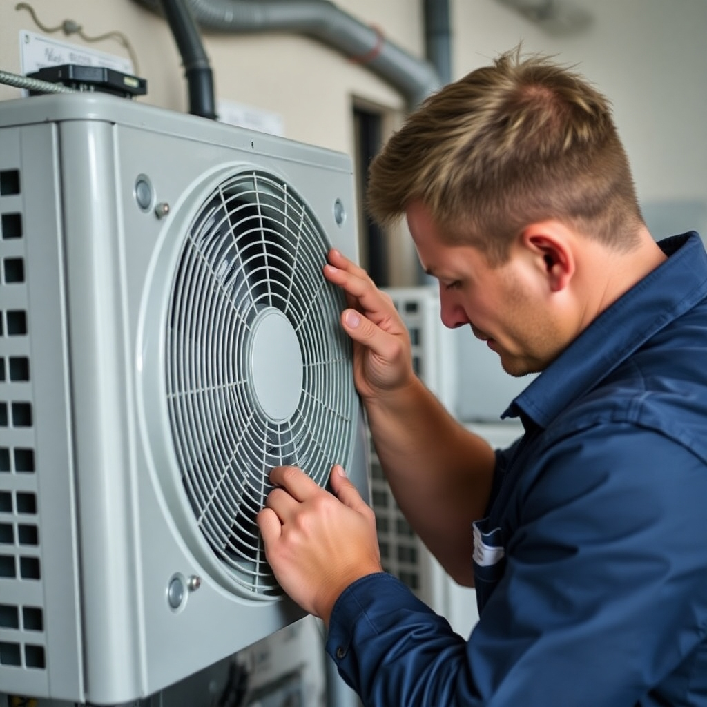 Create a photorealistic image showing a technician expertly repairing an AC unit. The image should highlight the precision and care taken during the repair process.