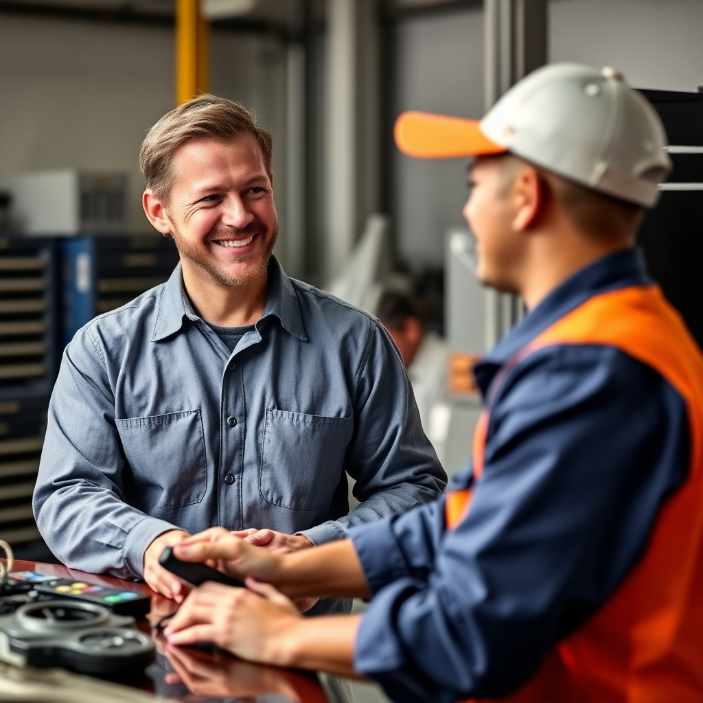 Create a photorealistic image depicting a satisfied customer receiving service, suggesting a positive interaction between the technician and the client.