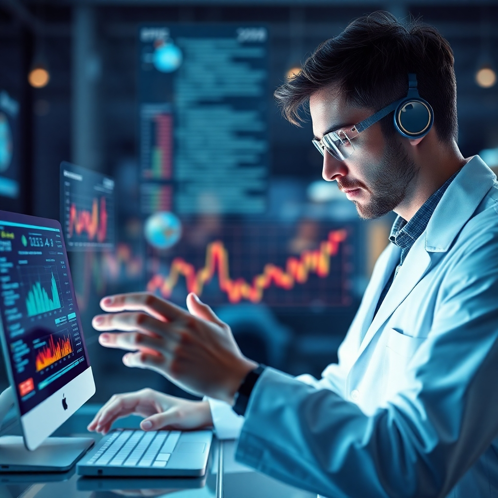 Create a photorealistic image of a data scientist using advanced technology to analyze data and uncover insights.  The image should convey a sense of high-tech analysis and accurate information gathering.  The image should be clear, showing the data scientist's tools and the results of the analysis. The overall aesthetic should be professional, clean, and modern.