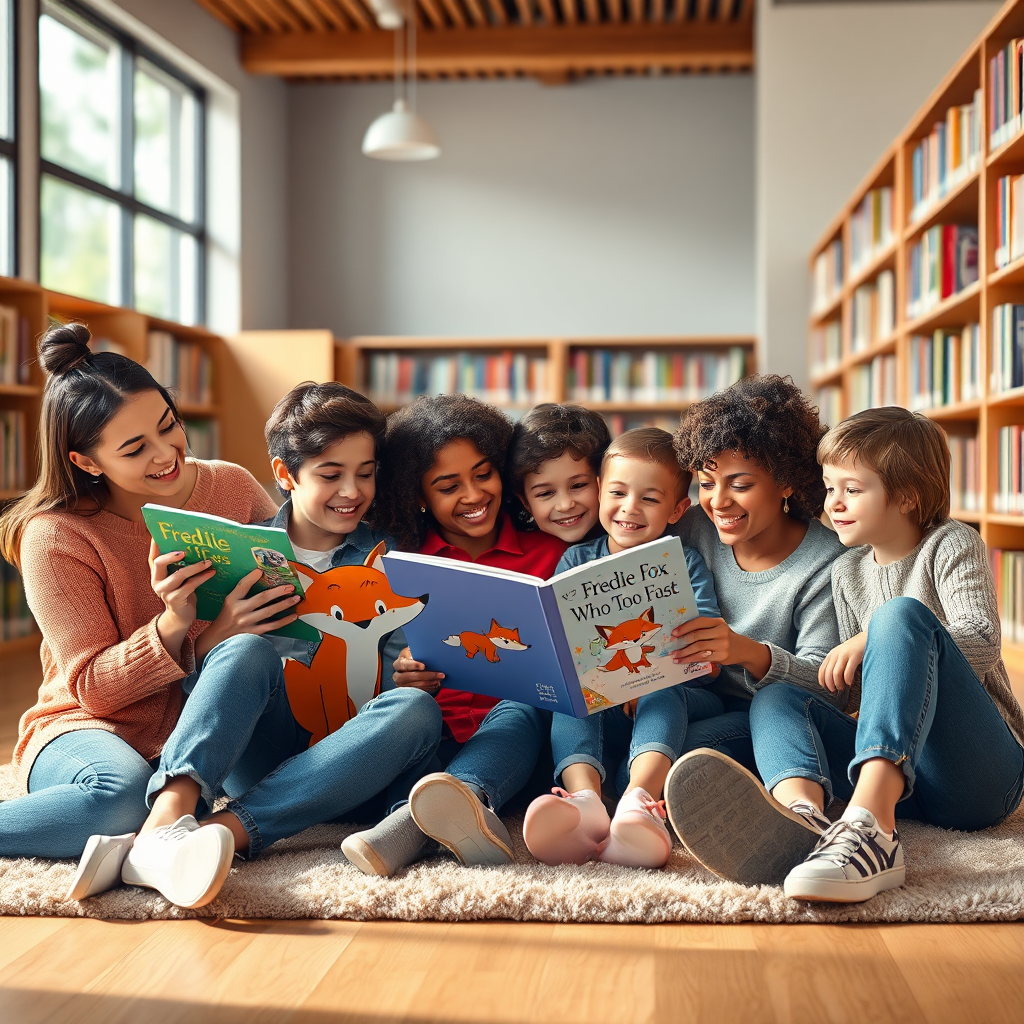 Create a photorealistic image of a diverse group of parents and children reading "Freddie the Fox Who Felt Too Fast" together. They are sitting comfortably on a cozy rug in a well-lit library. Their expressions are engaged and happy. The lighting is warm and inviting, creating a sense of community and shared enjoyment. The style is clean and modern.