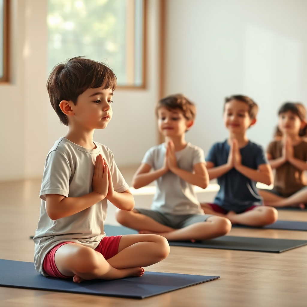 Create a photorealistic image of children practicing mindfulness exercises in a peaceful setting. They are sitting cross-legged on yoga mats, taking deep breaths and focusing on their inner peace. The lighting is soft and diffused, creating a sense of calmness and tranquility. The style is clean and modern.