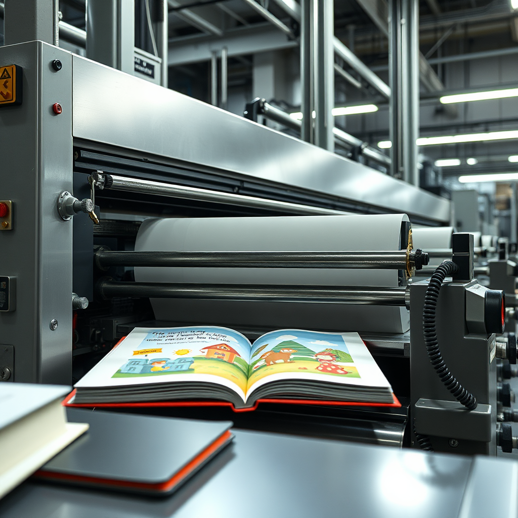 Create a photorealistic image of a children's book being printed on a large offset printing press. The image should convey a sense of scale and precision, highlighting the technical aspects of book publishing. The lighting is bright and industrial.