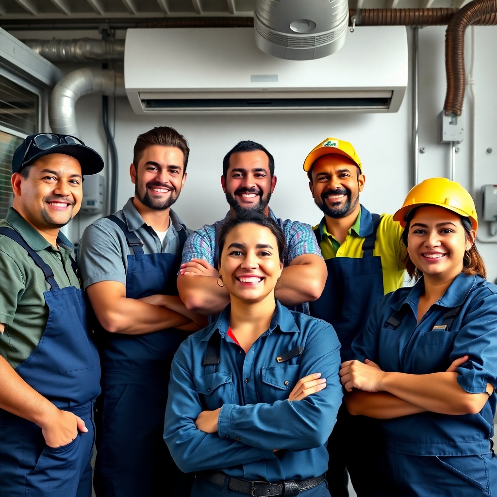 Create a photorealistic image of a group of friendly, diverse AC technicians working together. Showcase teamwork, professionalism, and a friendly demeanor.