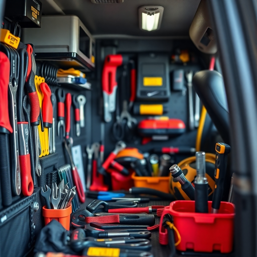Create a photorealistic image focusing on a technician's tools, neatly organized and ready for action in their service vehicle. The focus should be on the organization and preparation suggesting a quick response.