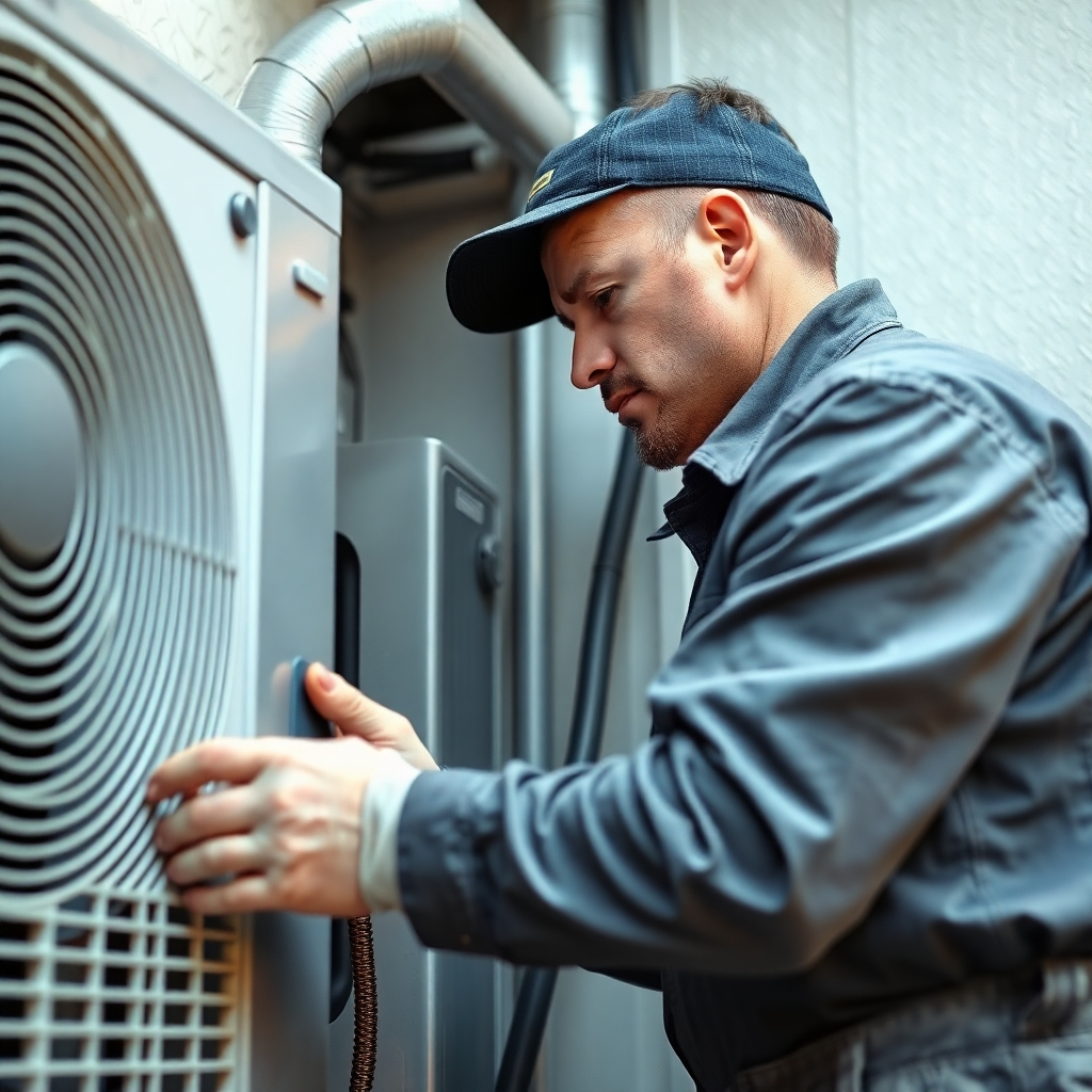 Create a photorealistic image of a technician performing routine maintenance on an air conditioning system. Focus on detail and attention to accuracy.