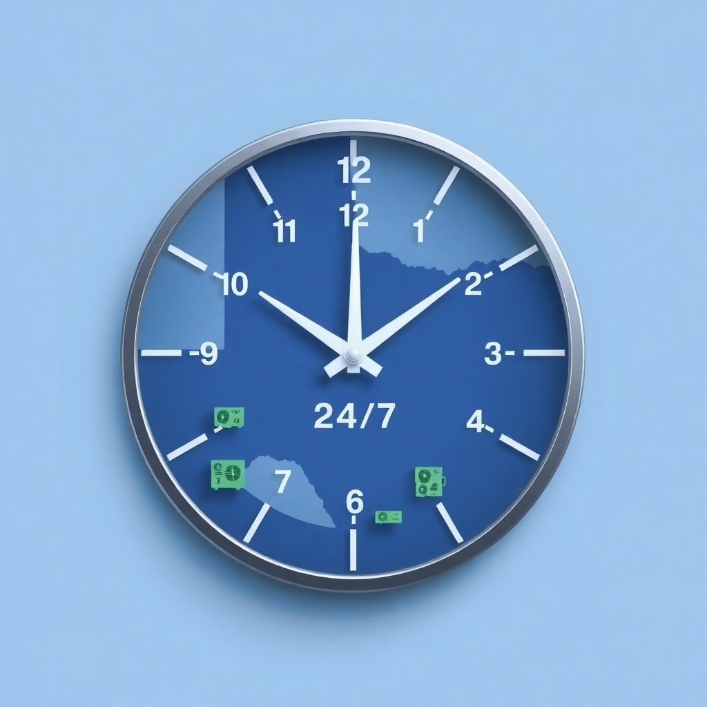 Create a photorealistic or stylized 4K image representing the essence of 24/7 AC repair services in Cedar Park, TX.  The image could depict a clock with hands pointing to all times (24/7), overlayed on a map of Cedar Park, TX, with AC unit icons dispersed across it. The color palette should be a blend of calming blues and reliable greens, symbolizing trust and efficiency. The lighting should be even and well-balanced. The overall style should be clean and modern, conveying a sense of professionalism and reliability. The style could be similar to minimalist graphic design, clean and modern, incorporating flat design and clear typography.