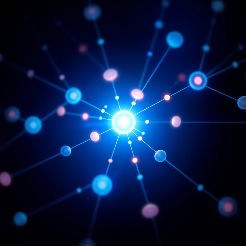 Create a stylized 4K image that embodies the essence of Dominion Lead Generation.  Depict a network of interconnected nodes, glowing brightly with different colors, each node representing a new business opportunity. The nodes should be connected by lines that illustrate the flow of data and connections Dominion provides. The background should be a dark, rich blue. The color palette should feature vibrant, energetic colors and deep, rich blues, creating a feeling of modern technology and innovation. The composition should be balanced, with a focus on the interconnectedness of nodes. The image style should be similar to a modern, abstract technology visualization, focusing on visual appeal and conceptual representation.  The overall impression should be one of energy, connection, and forward momentum.