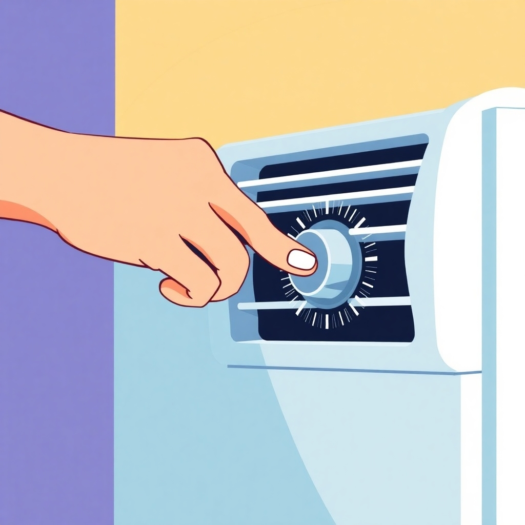 Create a stylized graphic of a technician's hand adjusting a dial on an air conditioner, showing a precise and controlled process.  Employ clean lines, bright colors, and flat design for a professional look.