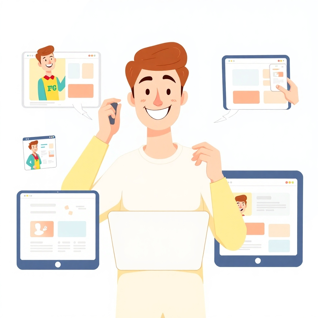 Create a stylized illustration of a user happily interacting with a website on various devices. Use bright colors and a friendly, cartoonish style.  Show the user smiling and easily navigating the website's different sections. Emphasize ease of use and visual appeal.