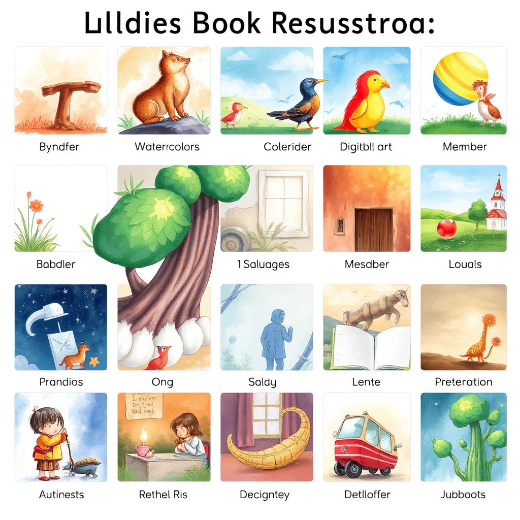 Create a stylized illustration showcasing a variety of children's book illustration styles, from watercolor to digital art. The image should be visually appealing and informative, highlighting the diversity of artistic possibilities. The color palette should be vibrant and engaging.