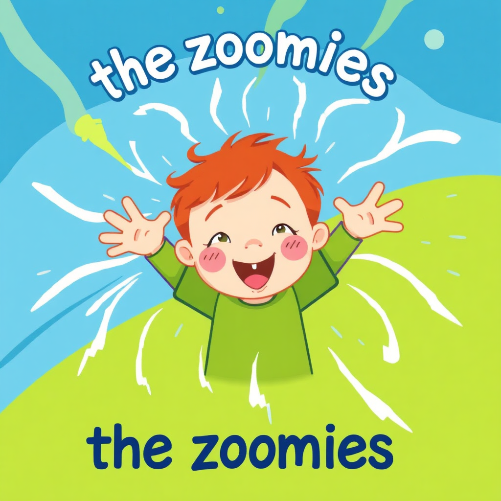 Create a stylized illustration showing a child surrounded by swirling energy patterns, representing the feeling of 'the zoomies.' The image should be visually engaging and informative, conveying the concept of hyperactivity in a clear and accessible way. The color palette should be bright and energetic, with a focus on blues and greens.