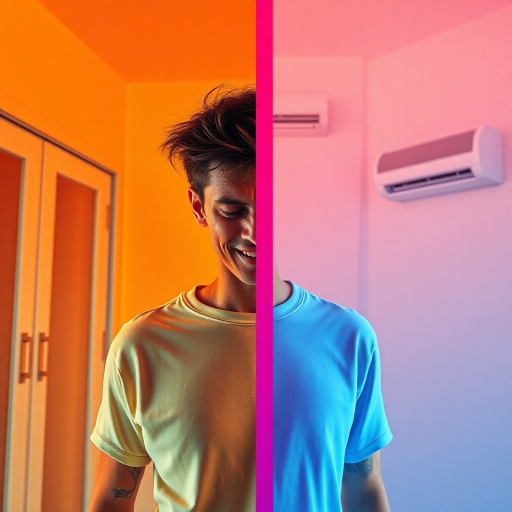 Create a stylized image, 4K resolution, depicting a split image: one side showing a person sweating profusely in a hot room, and the other side depicting the same room, cool and comfortable, with an AC unit working efficiently. Use a high-contrast color palette, with warm, intense colors on the hot side and cool, calming colors on the cool side.  The style should be sharp and graphically appealing, perhaps with slight vector art elements superimposed on the photorealistic imagery. Camera angle should be slightly angled down, creating depth. Use realistic textures on the clothing, walls, and AC unit. The image should convey the immediate relief that an AC fix provides. Reference images could include minimalistic, graphic design elements contrasting hot and cold temperatures. The image must feel uplifting, clean and modern.