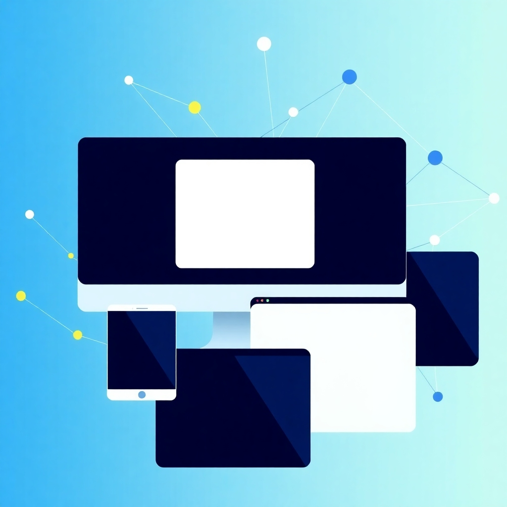 Create a stylized image, 4K resolution, depicting a stylized representation of responsive web design. This could be an abstract composition of interconnected nodes and lines, with varying screen sizes representing different devices, all dynamically interacting. The color palette should be modern and clean, perhaps using blues, greens, and vibrant accents. The composition can use geometric shapes and a flat design style, offering a contemporary look. The texture should be smooth, with subtle gradients creating depth and dimension. The lighting should be even and bright, without harsh shadows. The camera angle should be a straight-on view of the design.  Style references could include works of renowned graphic designers who specialize in web design imagery, focusing on clean modern aesthetics.