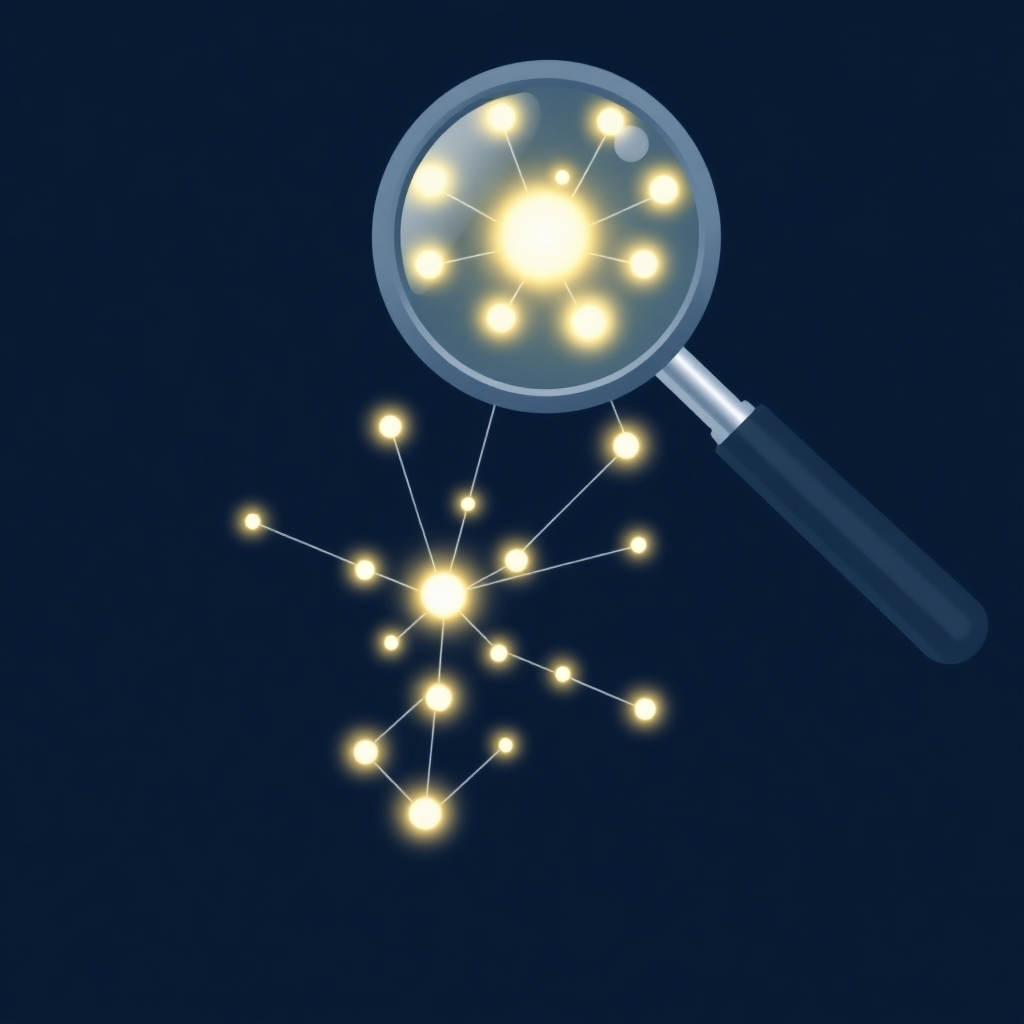 Create a stylized image of a magnifying glass revealing a network of interconnected nodes, each node representing a fresh domain lead. The nodes should glow brightly, representing the energy and opportunity each lead presents.  The background should be a dark blue, symbolizing the vastness of the online market. The style should be modern and sleek, with the magnifying glass as the focal point, highlighting the process of discovering new leads.