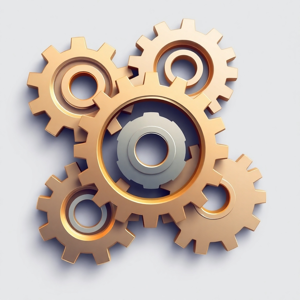 Create a stylized image of interconnected gears working together seamlessly, representing the perfect integration of Dominion's services with the client's needs.  The gears should be polished and well-oiled, symbolizing smooth operation and efficient workflow. The overall color scheme should convey reliability, trust, and professionalism.