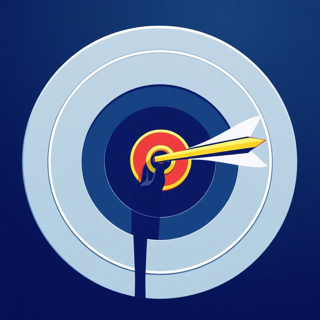 Create a stylized image representing a speeding arrow, sharply focused, hitting the center of a target.  The arrow should be sleek, modern, and sharp, representing proactive engagement, while the target represents potential clients. The color scheme should be dynamic and energetic, representing speed and precision. The image should be clear, sharp, and easily understood.