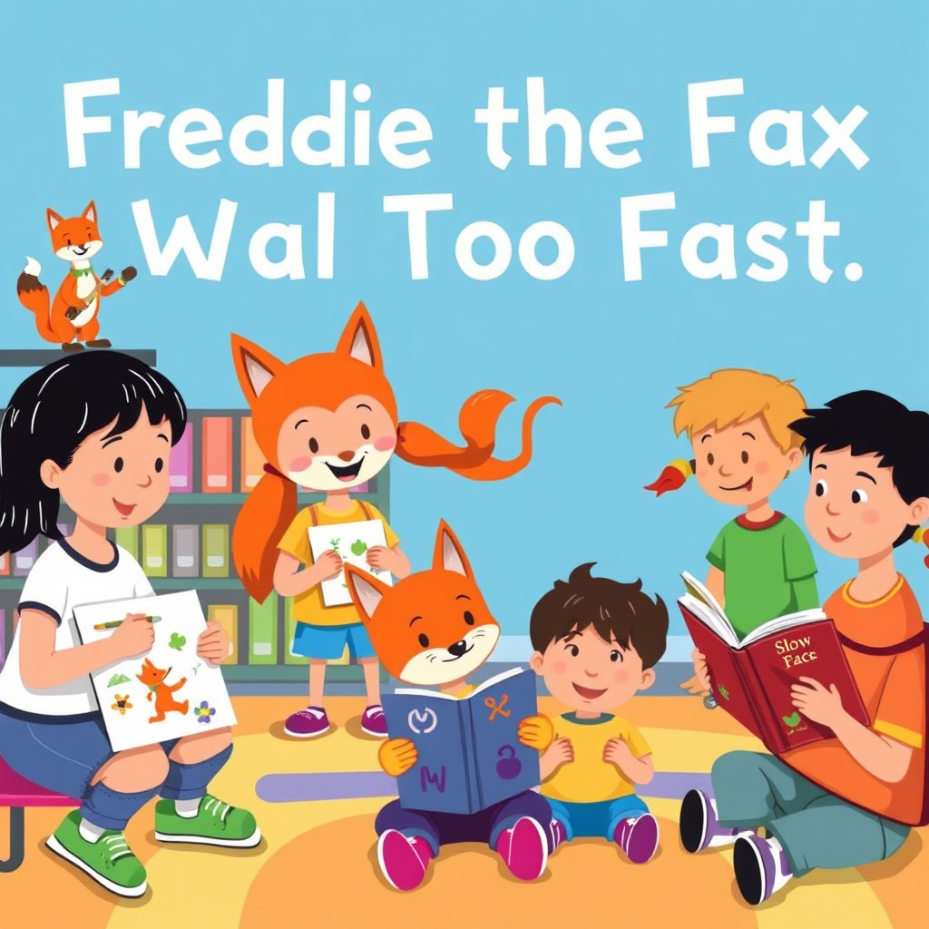 Create a vibrant, stylized image of children engaged in various activities related to "Freddie the Fox Who Felt Too Fast." Some children are drawing pictures of Freddie, others are participating in a 'slow and steady' race, and others are reading the book aloud. The background is a colorful classroom setting. The style is playful and energetic.