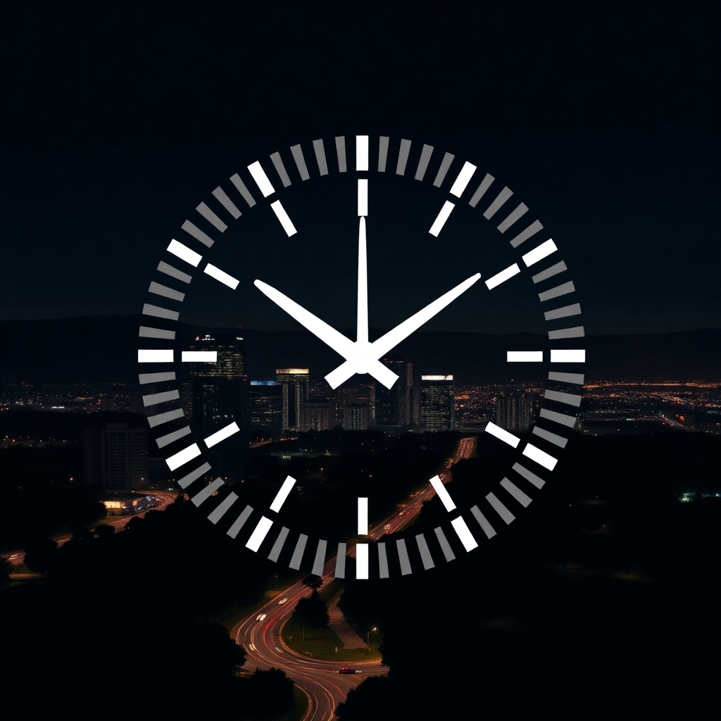 Create an image with a stylized clock with hands pointing to all hours of the day, subtly superimposed on a night cityscape of Cedar Park. The clock’s design should reflect a sense of continuous and reliable service.
