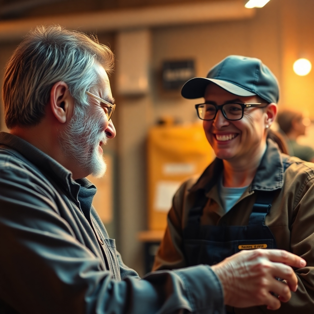 Depict a smiling customer interacting with a friendly technician. Use warm lighting, a medium shot, and a color palette that conveys trust and satisfaction. The style should resemble a scene from a heartwarming movie, emphasizing customer satisfaction.