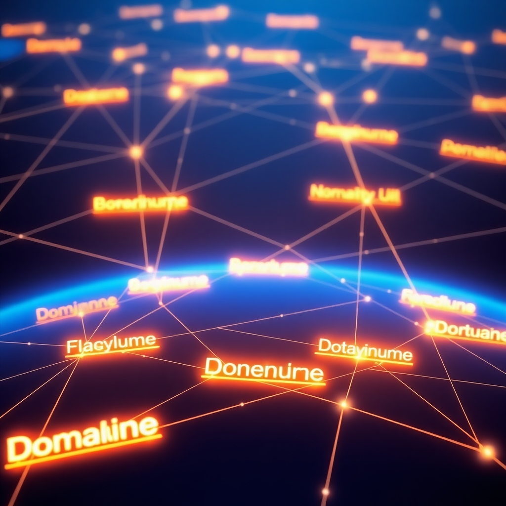Design a photorealistic image of a network of interconnected glowing lines, representing global reach and connection.  Each line should terminate in a glowing domain name, symbolizing the worldwide opportunities available with Dominion's leads. The background should be a deep, rich blue, conveying the broad reach of the global market. The lighting should emphasize the bright, glowing domain names, signifying the potential for new customers in numerous locations. The overall style should be modern and sleek, capturing the idea of connectivity and the vast market potential