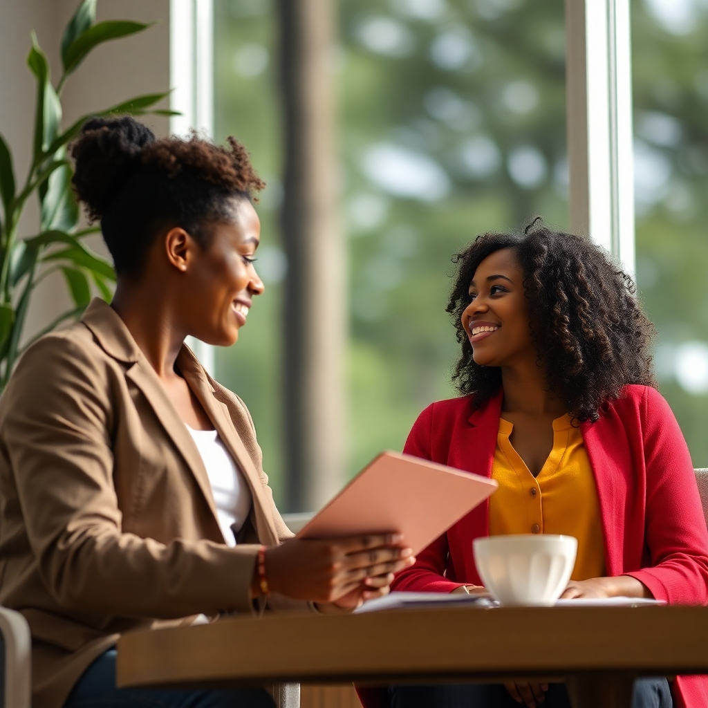 Photorealistic, ultra-high definition (8K) image of Stephanie, a friendly tax professional, engaging with a client during a consultation in a bright and modern office. The client is relaxed and engaged in conversation. Soft, natural light streams through large windows, creating a welcoming atmosphere. The color palette is warm and inviting, with earthy tones and accents of blue. The camera angle is over the shoulder of the client, subtly emphasizing Stephanie’s expertise and creating a sense of intimacy. There are some tasteful plants and modern artwork present, enhancing the office ambiance. The image should evoke a sense of trust and professionalism. Specific details, such as the texture of the carpet, the client's clothing, and the gleam on the coffee mugs, should be highly realistic. The style should resemble a high-end corporate lifestyle photography shoot, similar to what might be used in a high-end financial institution's marketing materials. The focus must be sharp and clear, with exceptional detail, making the image appear highly realistic and inviting.