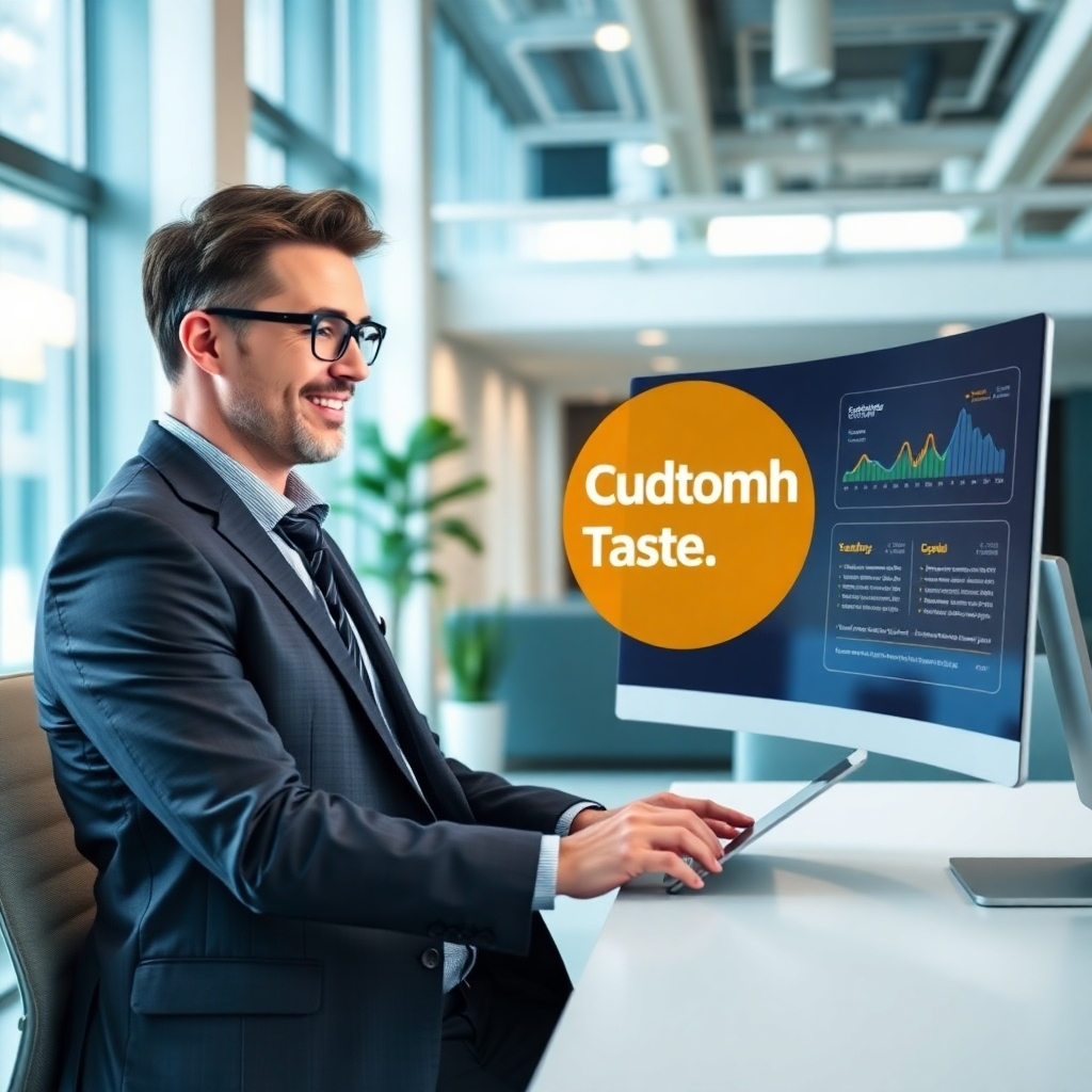 Generate a photorealistic image depicting a customized business solution; perhaps a modern interface being used by a successful entrepreneur in a contemporary office space. The focus should be on the customized aspect of the solution; the image should show clear tailoring of the approach to the client's individual business needs. The overall feeling should be one of professionalism, trust, and success.