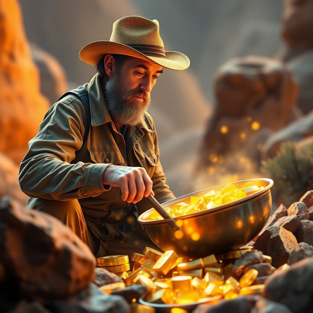 Generate a photorealistic image of a prospector panning for gold, but instead of gold, he is discovering glowing digital domain names in his pan. The scene should be set in a stylized digital landscape, merging elements of the natural world with digital technology. The color palette should be warm and inviting, with pops of bright gold and digital hues to symbolize the value of the leads. The lighting should be natural but enhanced with digital effects, highlighting the glowing domain names.  The overall style should be a mixture of realism and fantasy, suggesting the lucrative nature of fresh domain leads.