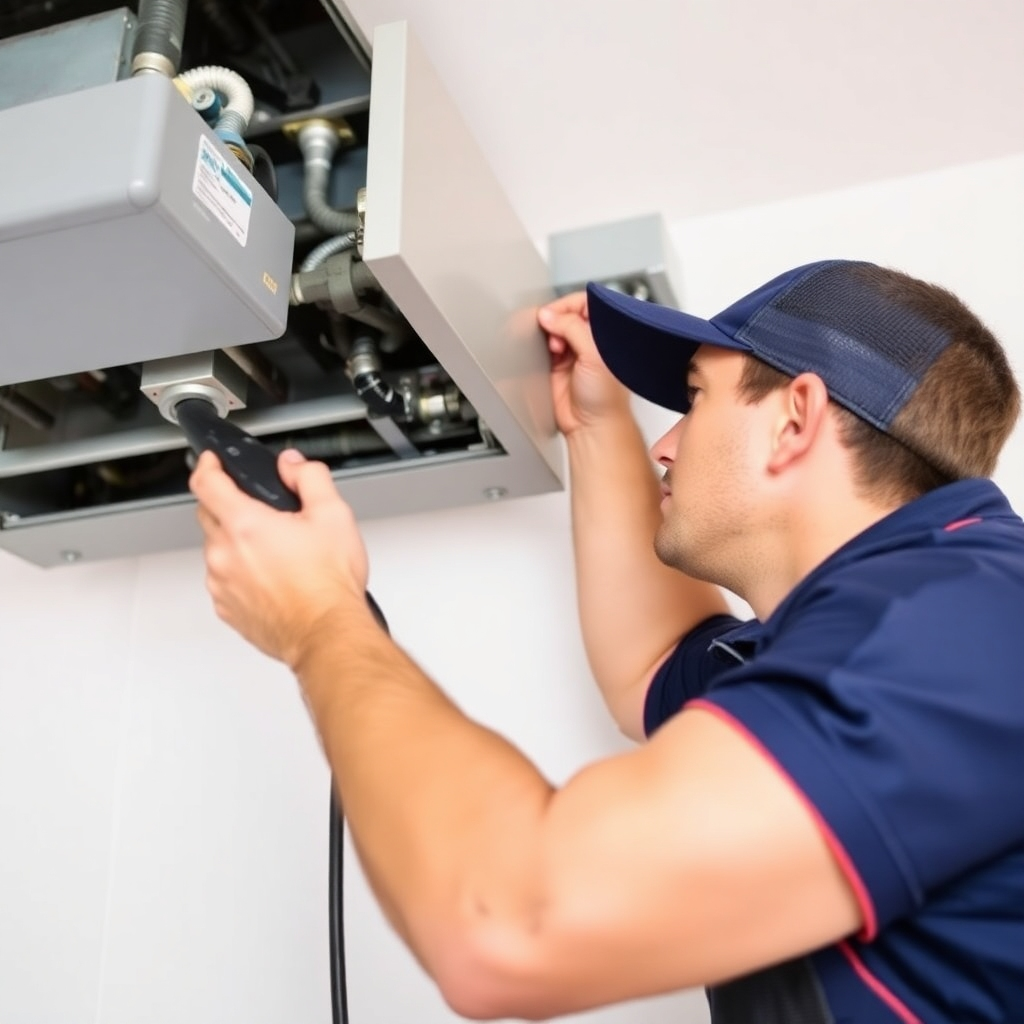 Image of a technician performing preventative maintenance on an HVAC system with a calm and reassuring aesthetic.