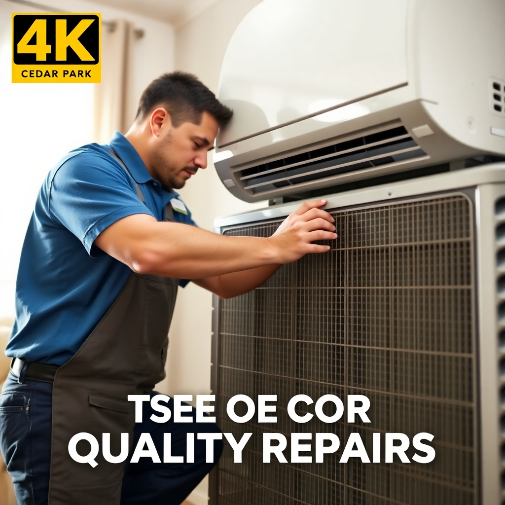 Photorealistic image, 4K, showing a technician carefully inspecting an air conditioning unit, highlighting the precision and detail of our work. The scene is set in a Cedar Park home, with a comfortable, homely atmosphere. The overall style should be one of trust and reliability, promoting our commitment to quality repairs.