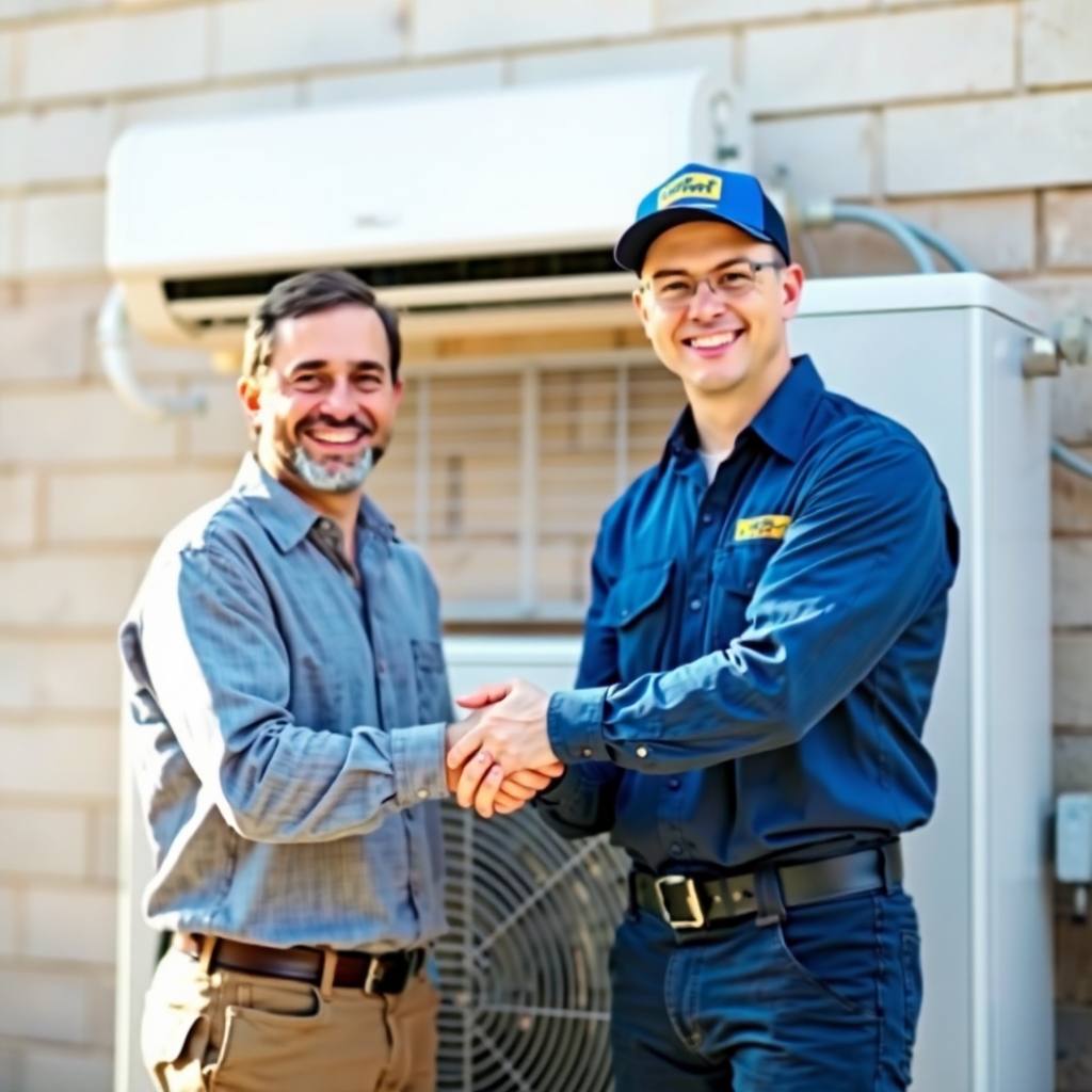 Photorealistic image of a happy customer shaking hands with a friendly technician in front of a repaired AC unit. High-quality 4K resolution, bright and well-lit outdoor setting. Use a style similar to a professional home services company that emphasizes a happy customer, natural lighting and a positive and reassuring feeling.