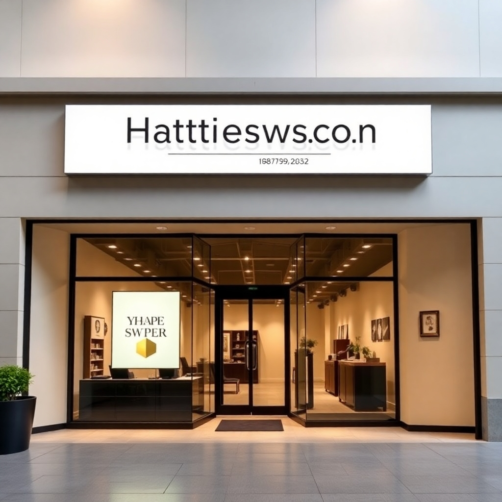 Photorealistic image of a high-end Hattiesburg storefront with a clear, modern website address displayed prominently. The design should convey professionalism and a high-quality brand image. The lighting is professional and the environment is sharp. The style is similar to a high-fashion photography shoot.