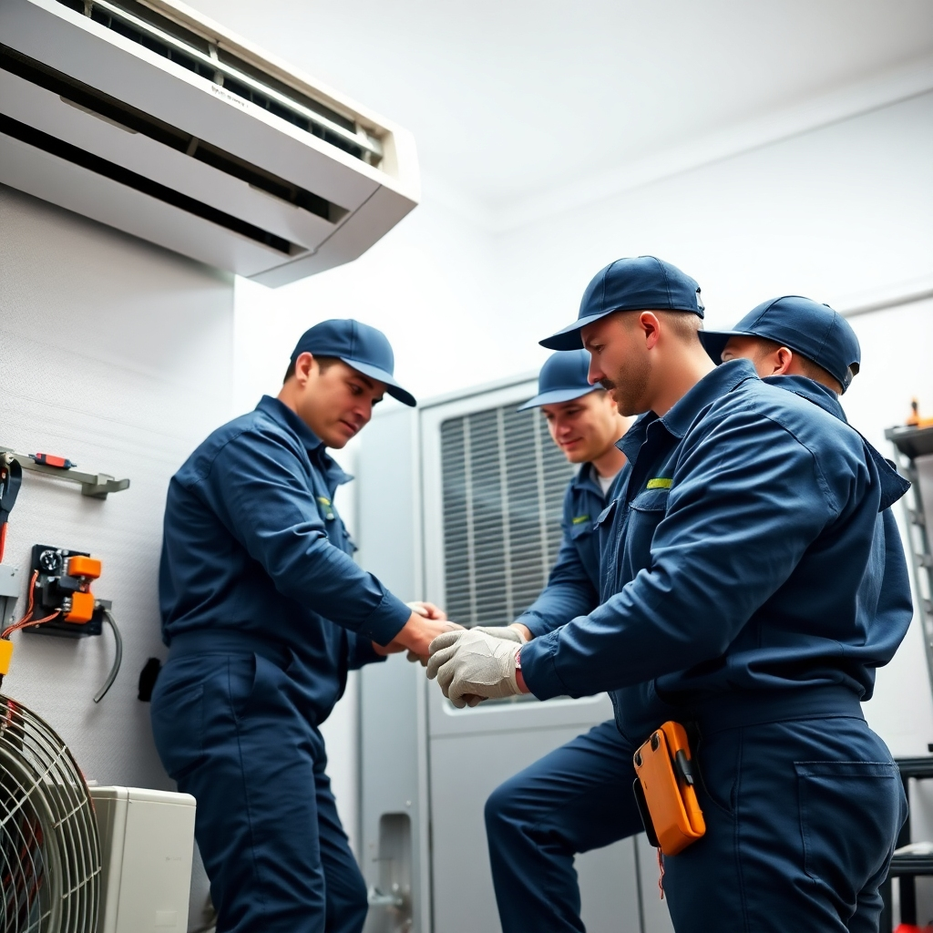 Photorealistic image of a team of highly skilled HVAC technicians working efficiently and collaboratively on an air conditioning unit.  The focus should be on teamwork and professionalism. High-quality 4K resolution, bright and well-lit workspace, attention to detail. Tools visible. Style should suggest competence and professionalism. A modern, clean workspace adds to the feel of the image.