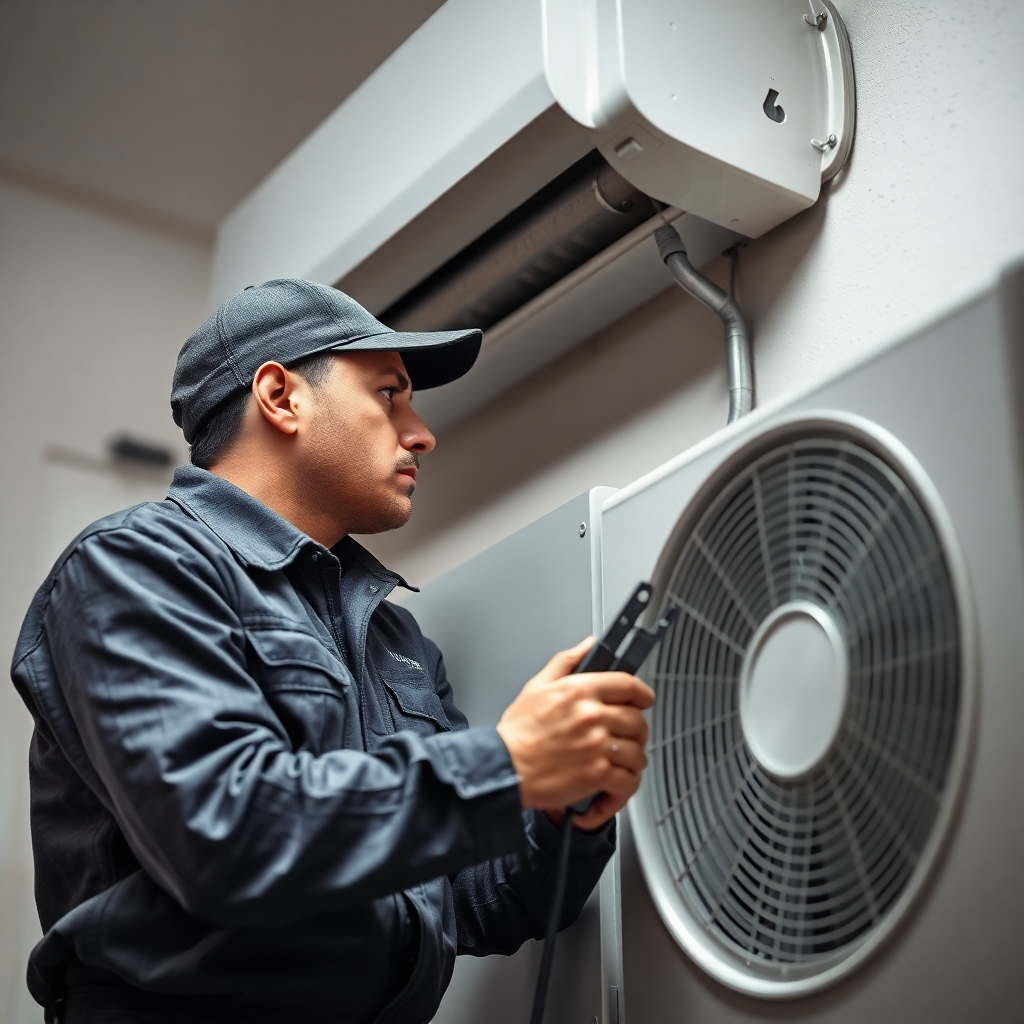 Photorealistic image of a technician performing preventative maintenance on an AC unit. Highlight the use of tools and careful process. High-quality 4K resolution, well-lit setting, and a style emphasizing thoroughness and care.