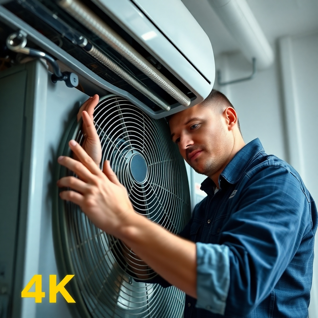 Photorealistic image of a technician meticulously repairing an AC unit, focusing on detail and expertise.  High-quality 4K resolution, well-lit setting.  Style should evoke confidence and reliability.