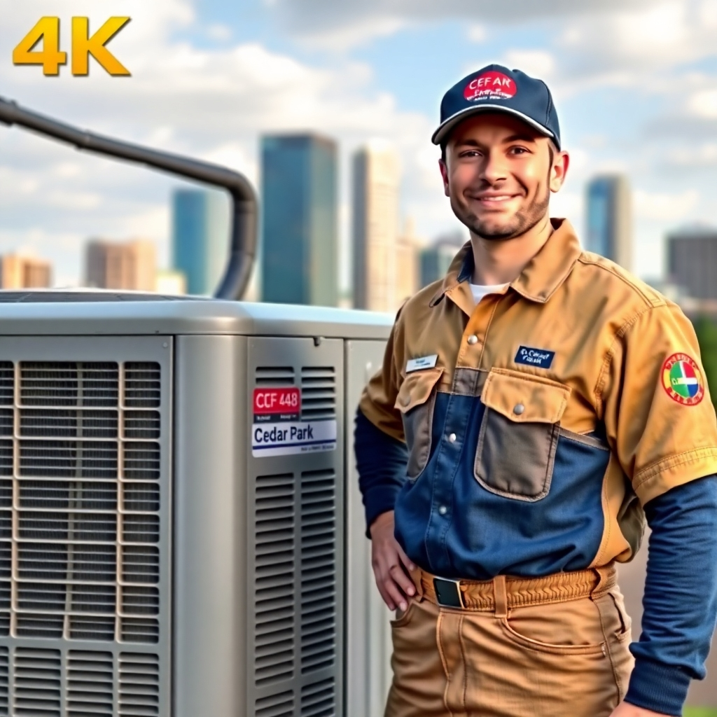 Photorealistic image of a technician wearing a Cedar Park TX AC Repair uniform proudly standing next to a well-maintained air conditioner, with a background showcasing the Cedar Park skyline. High-quality 4K resolution, showcasing the local aspect.