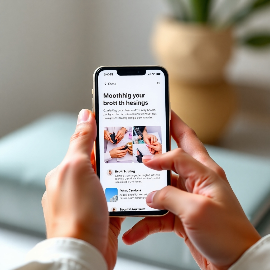 Photorealistic image of hands using a smartphone to access a beautifully designed website. Focus should be on the smooth scrolling and clear visual hierarchy of the website.  The background should be subtly blurred, drawing attention to the phone and website.  The color palette should be vibrant yet calming. The lighting is natural and soft. Style is minimalist and modern.