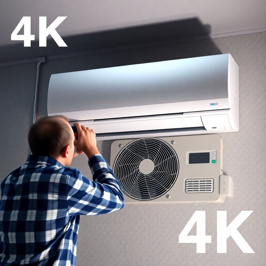 Photorealistic image showcasing the installation of a new, high-efficiency AC unit. High-quality 4K resolution, well-lit setting. The style should emphasize modern technology and the high efficiency of the equipment.