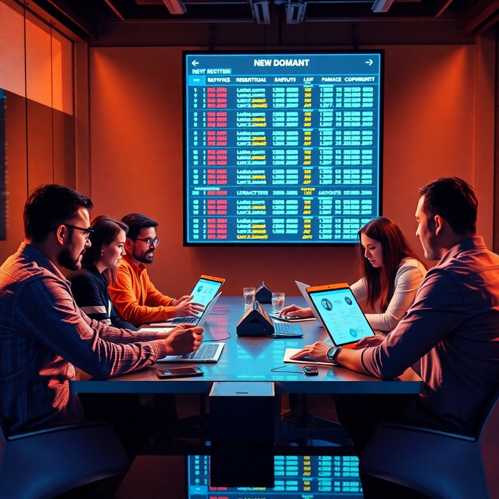 Produce a photorealistic image showing a group of diverse service providers collaborating around a table, with digital interfaces displaying new domain registrations flashing across the screen. The image should highlight the collaborative nature of their work, and the energy and focus around new opportunities. The color scheme should be bright and vibrant, with the technology elements prominently displayed. The overall mood should be one of energy, collaboration, and success.