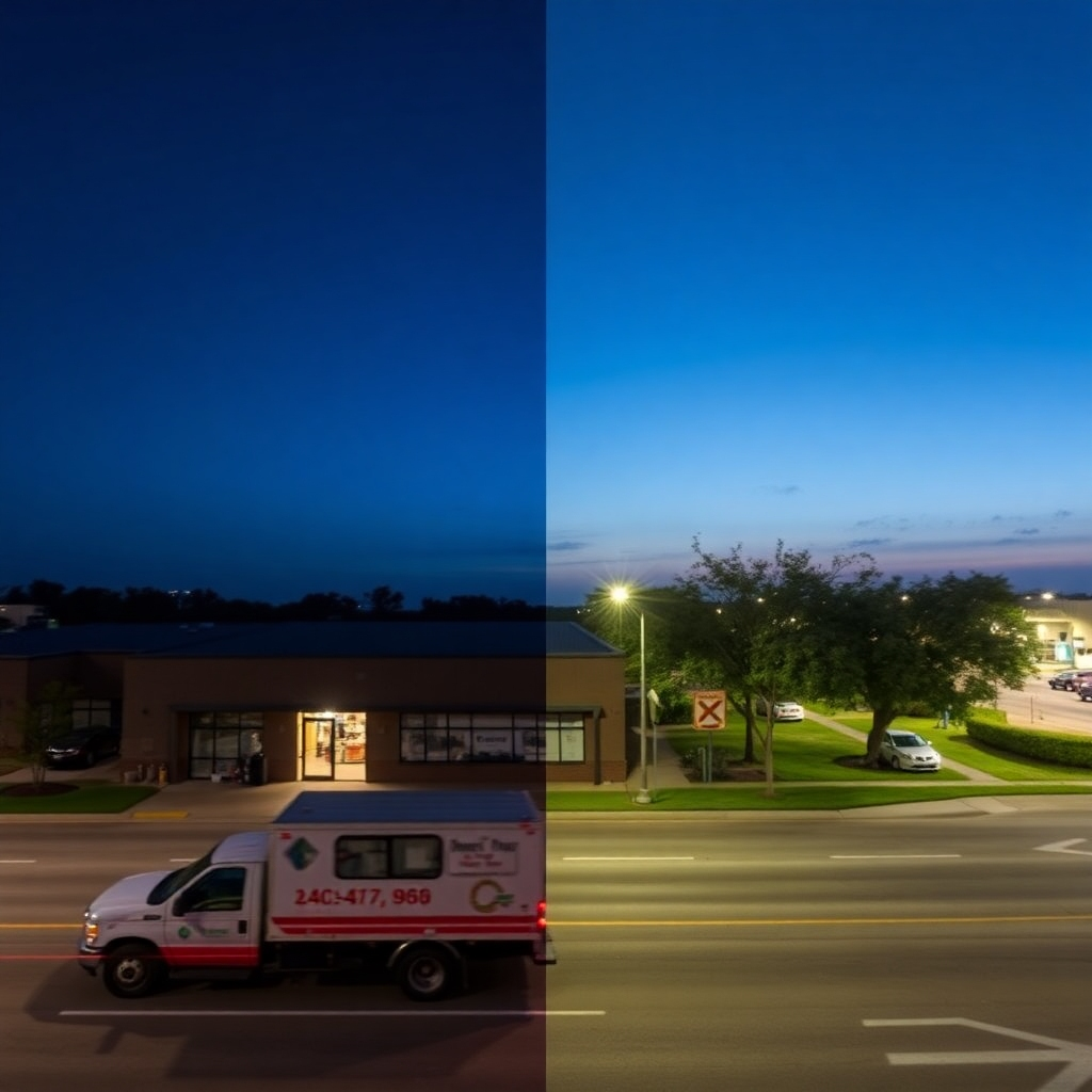 Show a timelapse image highlighting the continuous operation of the company, transitioning smoothly from daytime to nighttime scenes in Cedar Park, showing the commitment to 24/7 service.