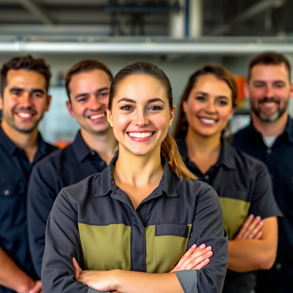 Showcase a team of qualified technicians, smiling, and wearing uniforms, highlighting professionalism and expertise. The style should be similar to a corporate team photo, conveying trust and professionalism.