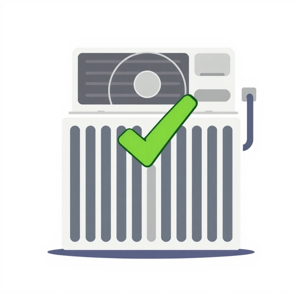 Stylized illustration of an AC unit with a checkmark or other symbol indicating proper maintenance.  Use bold colors, a simple composition, and a style similar to a modern infographic, focusing on clarity and understanding.