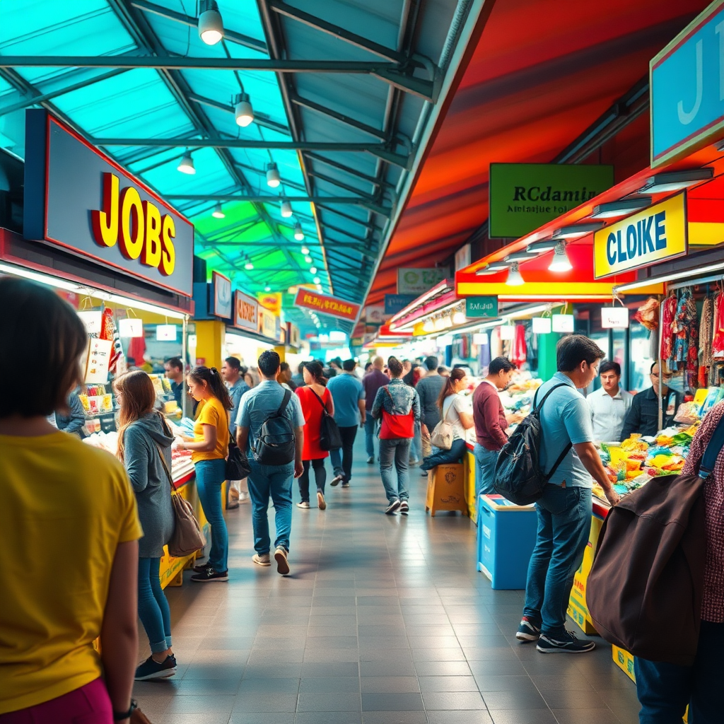 Capture a colorful marketplace scene bustling with individuals choosing between different stalls representing various job opportunities. Use bright colors to create an inviting atmosphere, focusing on interactions and excitement. The image should feel alive and motivational, depicted in a high-quality artistic style.