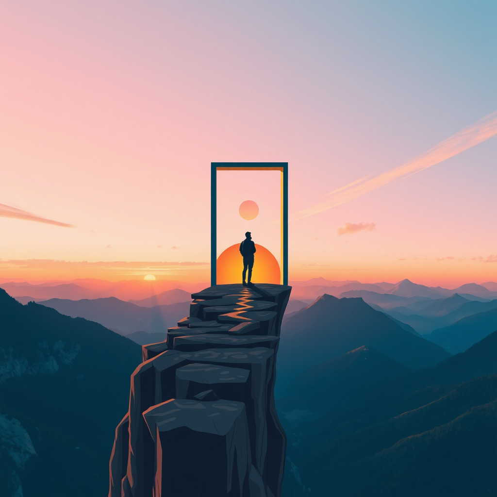 Create a stylized image depicting a person standing at the edge of a cliff overlooking an expansive landscape. The scene should convey a sense of limitless possibilities with mountains in the background and a vibrant sunrise. Include symbolic elements like open doors or paths leading to the horizon, highlighting potential and opportunity, in high quality.