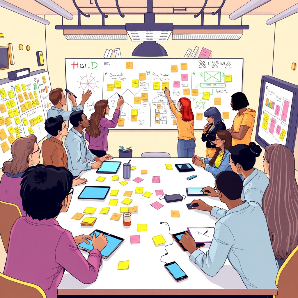 Illustrate a vibrant collaborative workspace filled with diverse people brainstorming ideas on whiteboards and digital screens. The atmosphere should exude energy and camaraderie with colorful sticky notes and tech gadgets scattered around. Use an energetic color palette to enhance the sense of creativity, rendered with high-quality attention to detail.