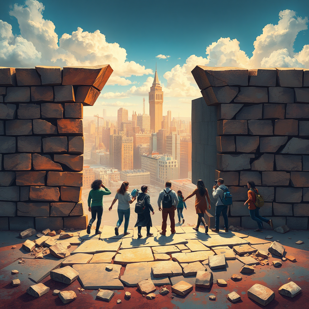 Visualize a metaphorical wall being torn down, with individuals emerging from behind it into a vibrant city filled with opportunities. The scene should convey a sense of triumph and unity, using a dynamic color palette to emphasize the excitement of new beginnings, captured in stunning detail.
