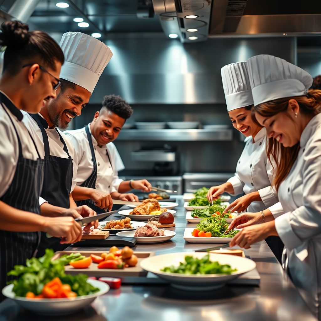 A 4K, high-quality image depicting a team of diverse chefs collaboratively preparing a gourmet meal in a professional kitchen. The scene is energetic and vibrant, with chefs smiling and interacting as they chop vegetables, season meats, and arrange dishes. The lighting is bright and focused, highlighting the fresh ingredients and culinary techniques. The camera angle is a medium shot, capturing the team's camaraderie and dedication. The image should evoke a sense of teamwork, passion, and culinary expertise. Consider adding elements like stainless steel appliances, gleaming cookware, and neatly organized workstations to enhance the professional setting. The style should be modern and approachable, conveying a sense of creativity and innovation.