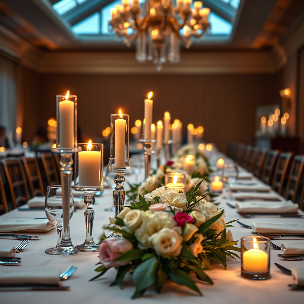 A beautifully set table at a wedding reception, with candles, flowers, and elegant place settings. Focus on the details and the overall ambiance. The lighting should be soft and romantic. The image should convey a sense of perfection and attention to detail. Close-up shot, warm color palette, 4K, photorealistic.