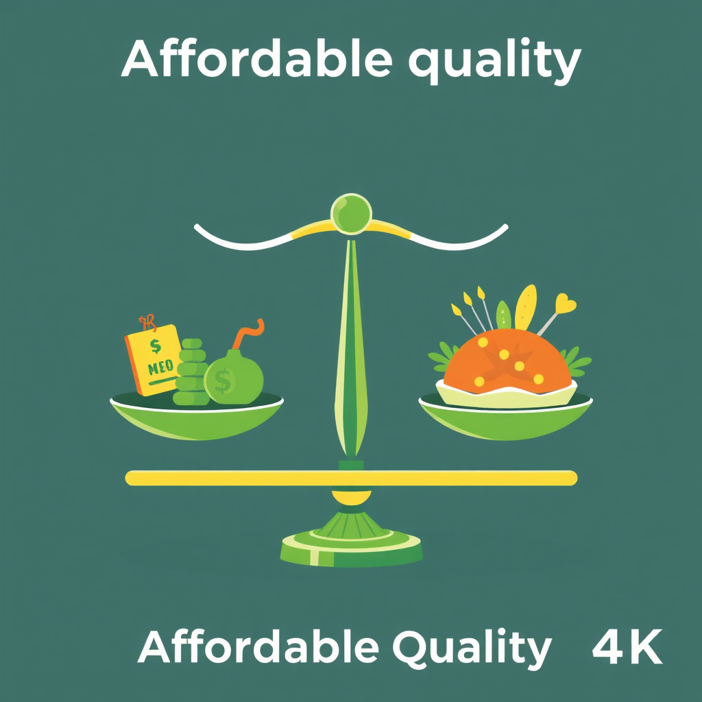 A clean, modern graphic illustration depicting a balanced scale. On one side, there are stylized icons representing money or budget, and on the other side, stylized icons representing delicious food or a catering spread. The scale is evenly balanced, symbolizing affordable quality. Use a color palette of greens and golds. 4K resolution, vector illustration.