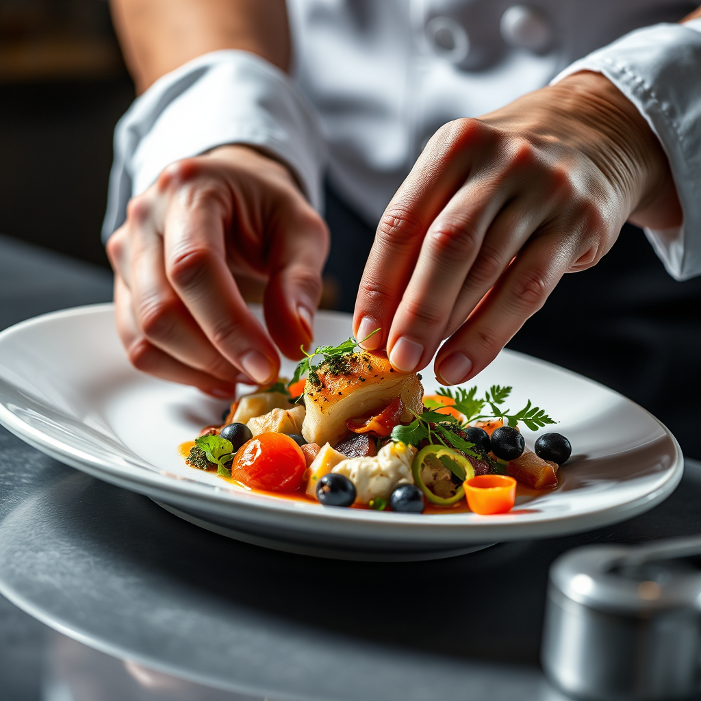 A close-up image of a chef's hands meticulously arranging ingredients on a plate, creating an artful culinary presentation. The focus is on the chef's skill and creativity in crafting a visually stunning and delicious dish. Soft, diffused lighting highlights the textures and colors of the food. 4k resolution, photorealistic.
