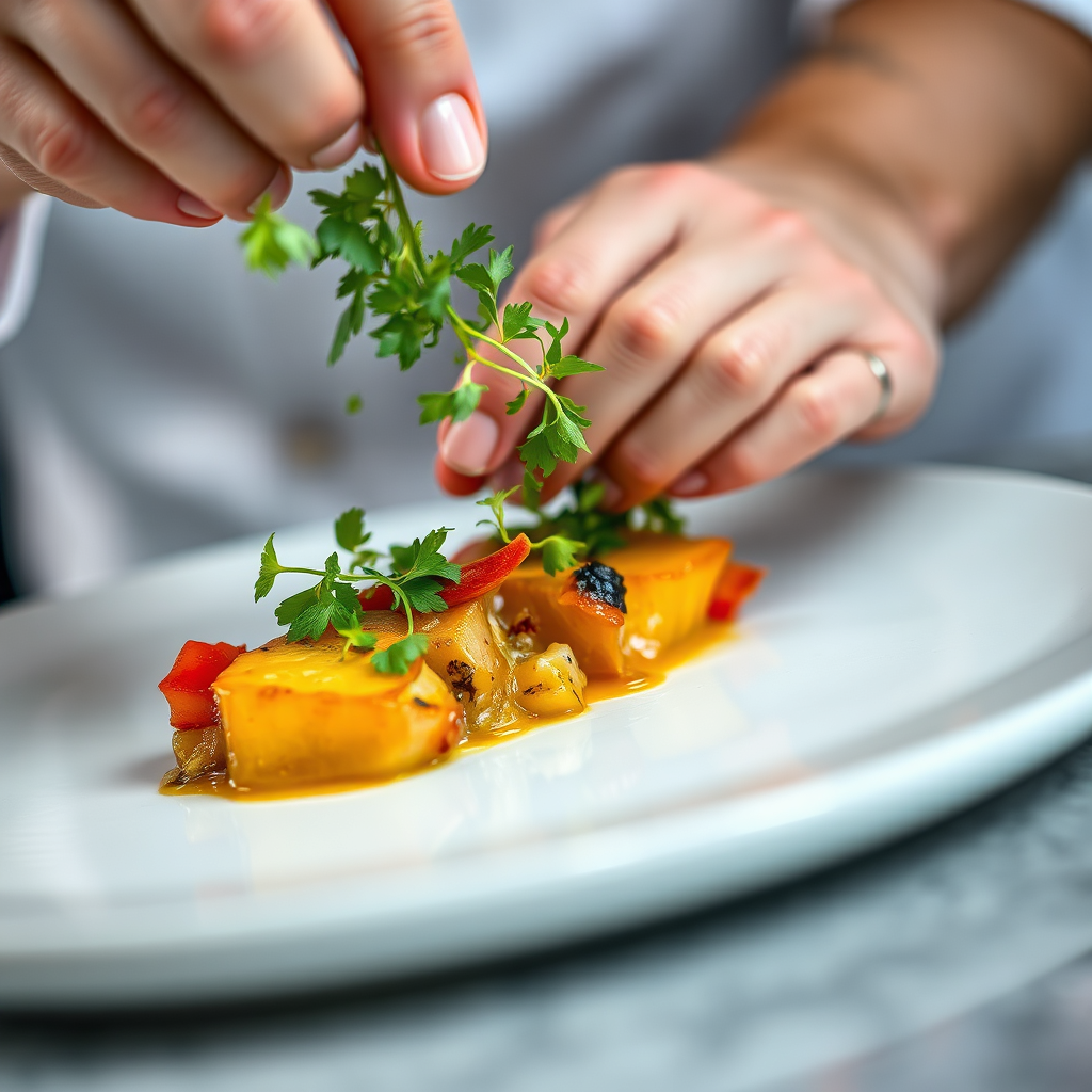 A close-up, macro shot of a chef's hands delicately garnishing a beautifully plated dish with fresh herbs. The dish should feature vibrant colors and textures, showcasing culinary artistry. Soft, diffused lighting highlights the intricate details of the food. The background is blurred to emphasize the chef's focus and the exquisite presentation. 4K resolution, hyperrealistic detail.